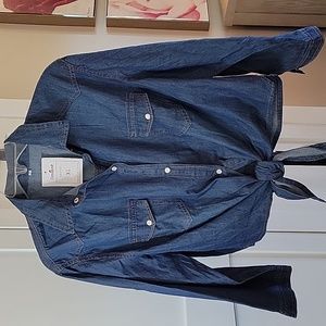 Omoone 3/4 Convertible Sleeve Crop Top Tie Knot lightweight denim Shirt SizeXL